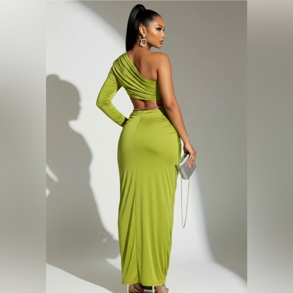 Asymmetrical One-Shoulder Lime Green Evening Gown - Picture 2 of 3